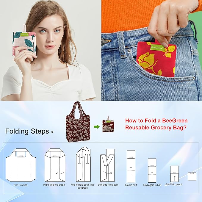 BeeGreen Reusable Grocery Bags 6 Pack, Heavy Duty Totes for Women, Foldable Grocery Bag Large Shopping Totes with Handles for Work, Travel, Gift, Store, Polyester Washable Reusable Tote Bag