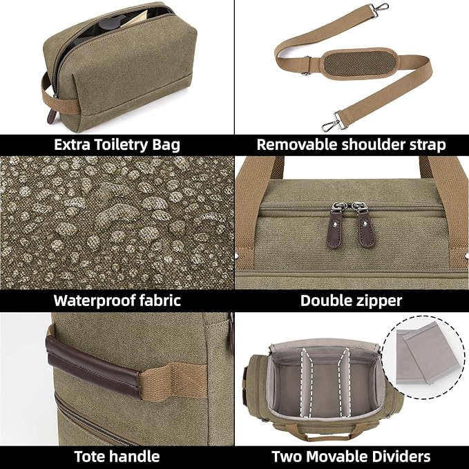 ZOMFELT Duffle Bag for travel, 40L Canvas Travel Duffel Bags for Men Women, Water Resistant Overnight Weekender Bag with Toiletry Bag & Shoe Compartment, Carry on Luggage Bag for Travel, Gym, Green