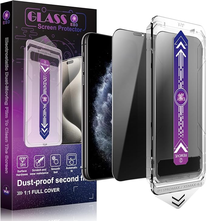 2 Pack Privacy Screen Protector for iPhone 11 Pro Max and iPhon Xs Max 6.5-Inch Auto Dust Removal, No Bubbles,Anti-Spy Tempered Glass Film, Easy Installation