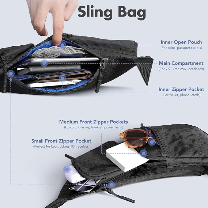 hk Sling Bag for Men with 3‑Layer Sailcloth‑Inspired Performance Fabric, Lightweight Waterproof Sling Bag for Men with Tablet Compartment, Crossbody Bag for men, Commuting, Black