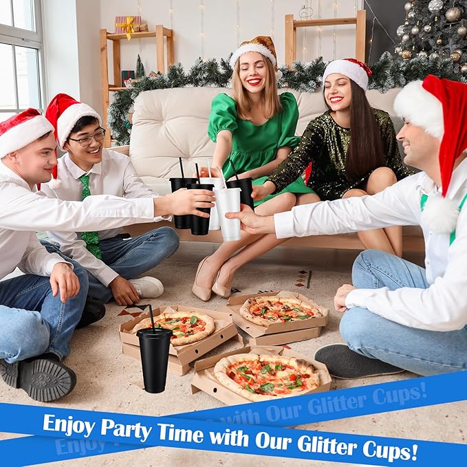 Honeydak 30 Pack Tumbler with Straw and Lid Bulk Glitter Plastic Cups Water Bottle Iced Coffee Travel Mug Reusable Party Favor Cups for Birthdays travel 24-27 oz (Black and Clear)