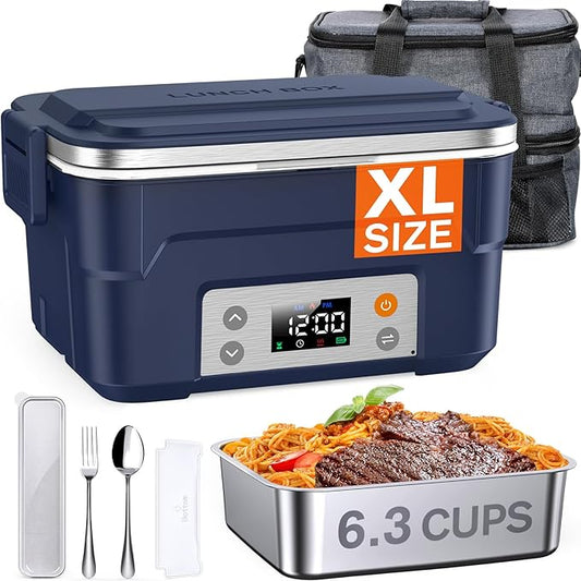 EAST OAK XL 6.3-Cup Cordless Electric Lunch Box for Adults, Heated Lunch Box for Men with Scheduled Heating, Portable Car Food Warmer with Utensils, Two-Tier Bag, Removable Divider