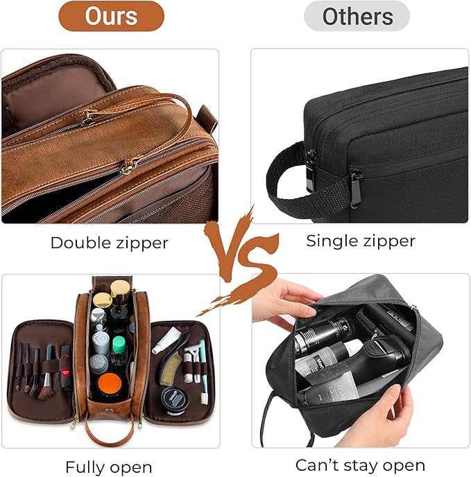 Elviros Toiletry Bag for Men, Large Travel Shaving Dopp Kit Water-resistant Bathroom Toiletries Organizer PU Leather Cosmetic Bags Fathers Day Gift (Medium, Brown)