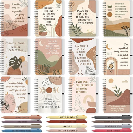 Kosiz 24 Pcs/12 Set Positive Affirmation Gifts Gratitude Spiral Notebooks with Pens Motivational Encouragement Notepads Daily Affirmations Journal for Women (Rainbow)