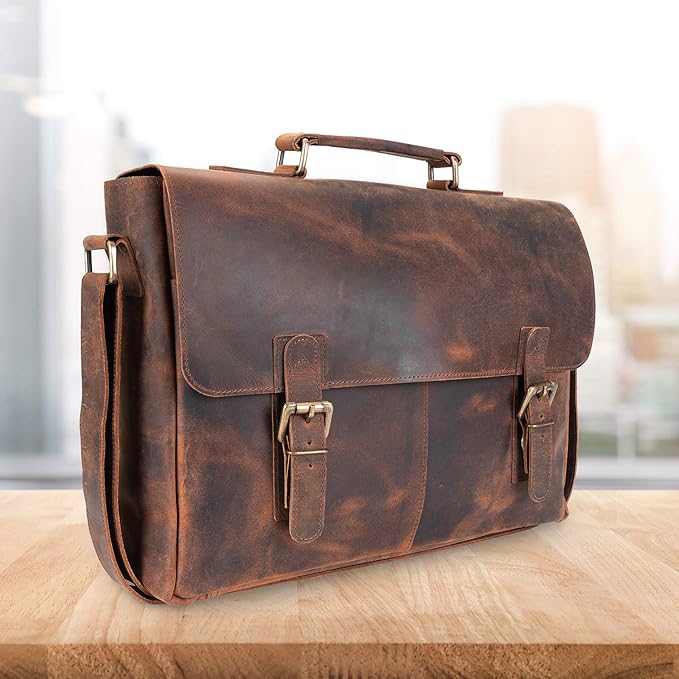 moonster Leather Messenger Bag for Men, Rustic Messenger Bag for Women – Handmade Full Grain Leather Bag for Men - Distressed Buffalo Leather – 16 Inch Laptop Bag with Padded Compartment Pockets