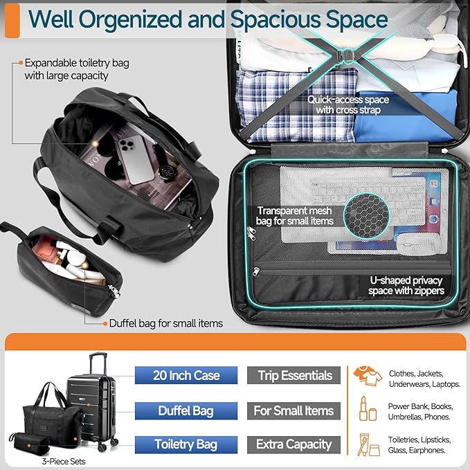 Hoteel Luggage Sets 3 Piece, ABS+PC Hard Shell Expandable Suitcases with Wheels, TSA Aproved Lock and Carry on Bags, Travel Suit Case Set for Men and Women, (3-Piece, Black)