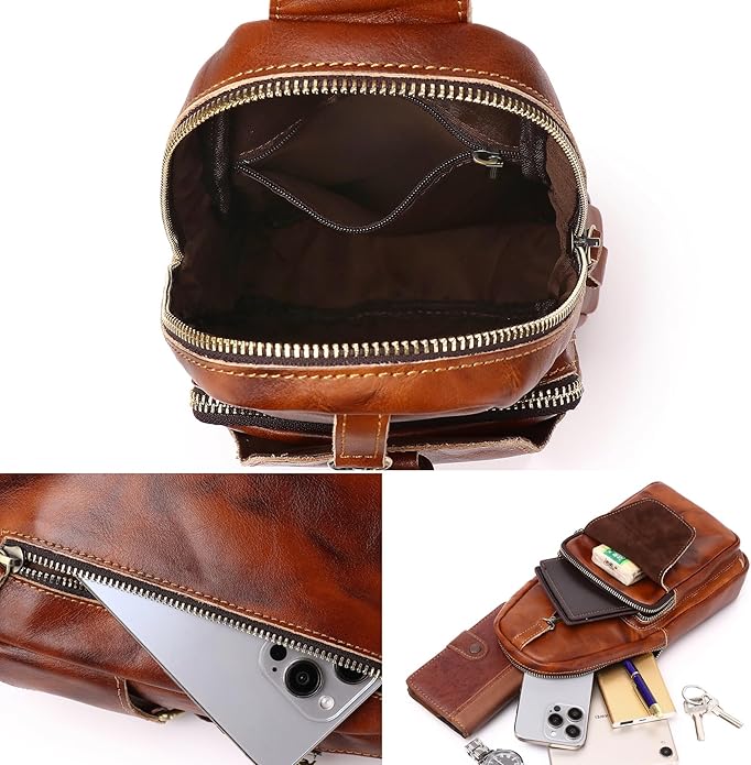 Genuine Leather Sling Bag for Men Women Backpack Chest Shoulder Satchel Crossbody Bags Casual Outdoor Daypack