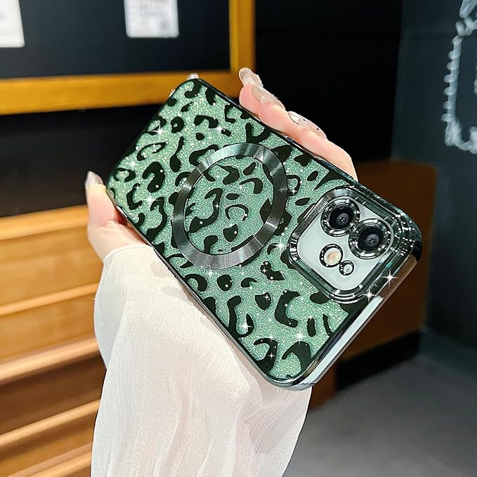 for iPhone 11 Case Magnetic,Soft Cute Luxury Leopard Cheetah Pattern Plating Glitter Bling Phone Case Compatible with MagSafe Clear Shockproof Back Cover for Women Girl 6.1"-Green