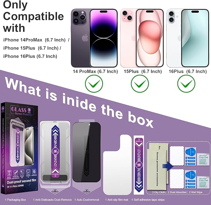 2 Pack Privacy Screen Protector for iPhone 14 Pro Max/iPhon 15 Plus/iPhon 16 Plus, 9H Tempered Glass, Full Coverage, Anti-Fingerprint, Auto Dust-Elimination, No Bubble, Easy Installation