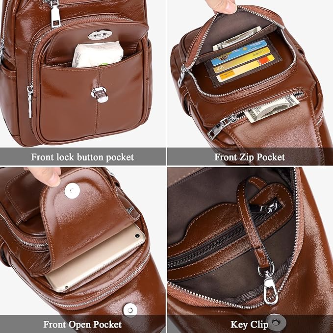 Over Earth Genuine Leather Sling Bag for Women Men Small Crossbody Purse Causal Hiking Chest Backpack (O212E Brown)