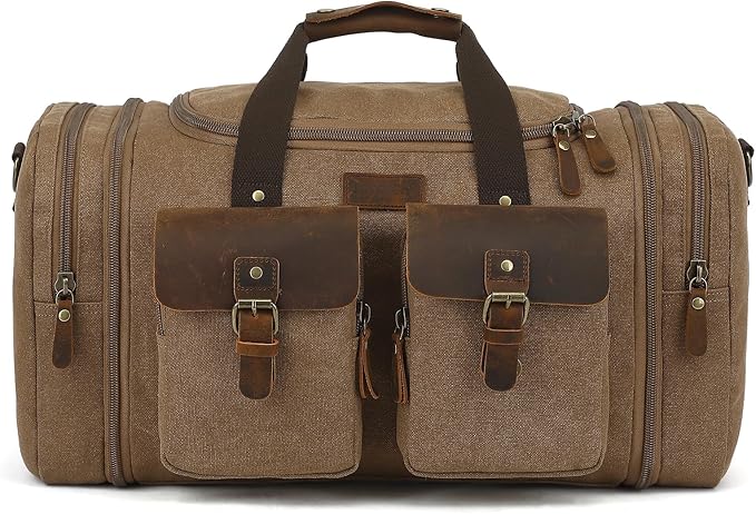 Imyth Retro Crazy Horse Leather Canvas Duffle Bag 60L Expandable Travel Bag for Airplanes (Coffee)