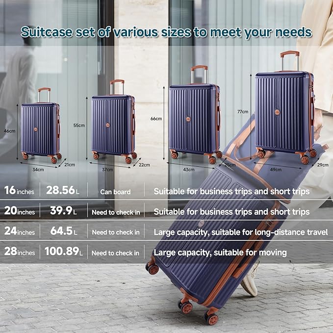 Hoteel Luggage 6-piece Set, 360° Universal Suitcases with Wheels Hard Shell Suitcase with TSA Lock, Including Waterproof Luggage Bag, Travel Maletas for Men and Women,Blue(16/20/24/28Inch)