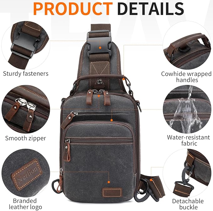 Nerlion Sling Bag for Men Waxed Canvas Crossbody Bag Chest Bag Water Resistant Shoulder Bag Casual Daypack