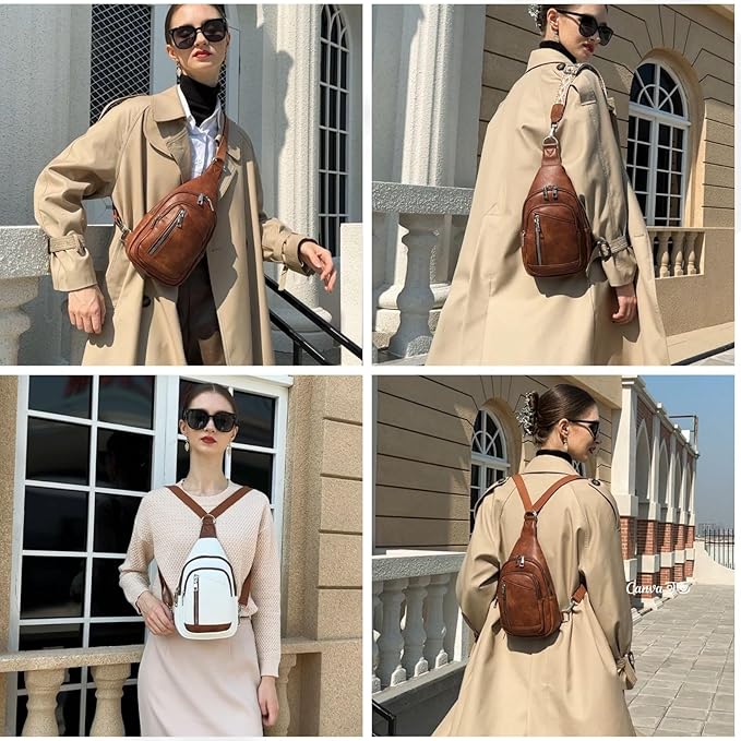 Sling Bag Crossbody Backpack - 2 in 1 Leather Cross Body Bag Fanny Pack with 2 Removable Straps