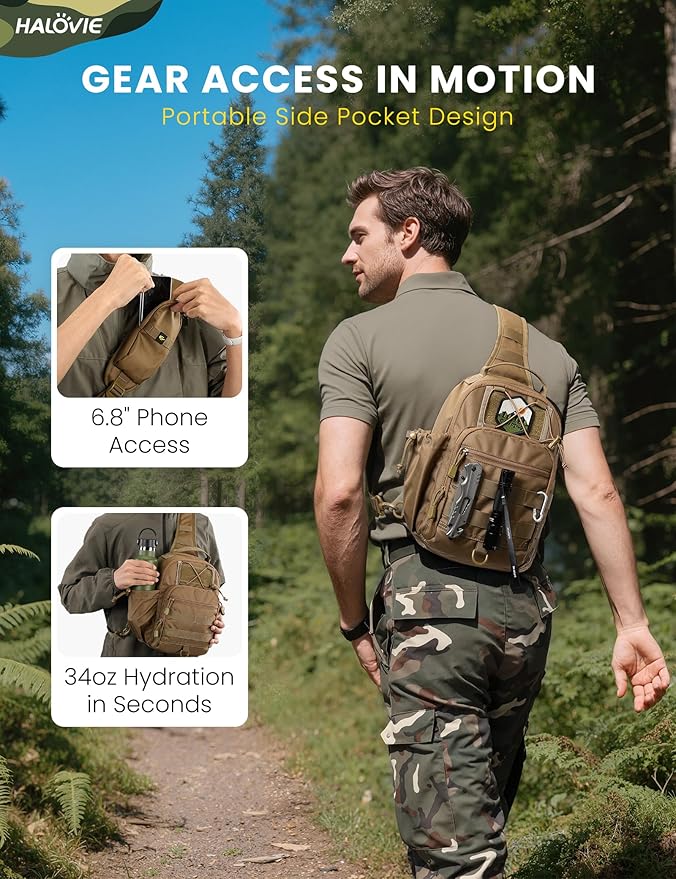 HALOVIE Anti-theft Tactical Sling Bag RFID Khaki Military Shoulder Bag with Phone Pack EDC Molle Crossbody Bag for men