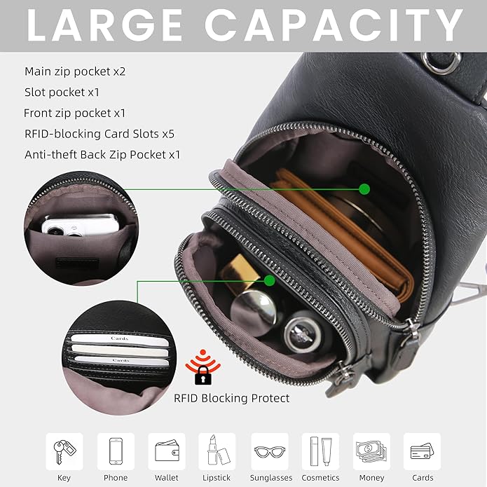 HESHE Sling Bag for Women Anti Theft Small Crossbody Bags Faux Leather Fanny Pack RFID Blocking Cross Body Purse for Travel