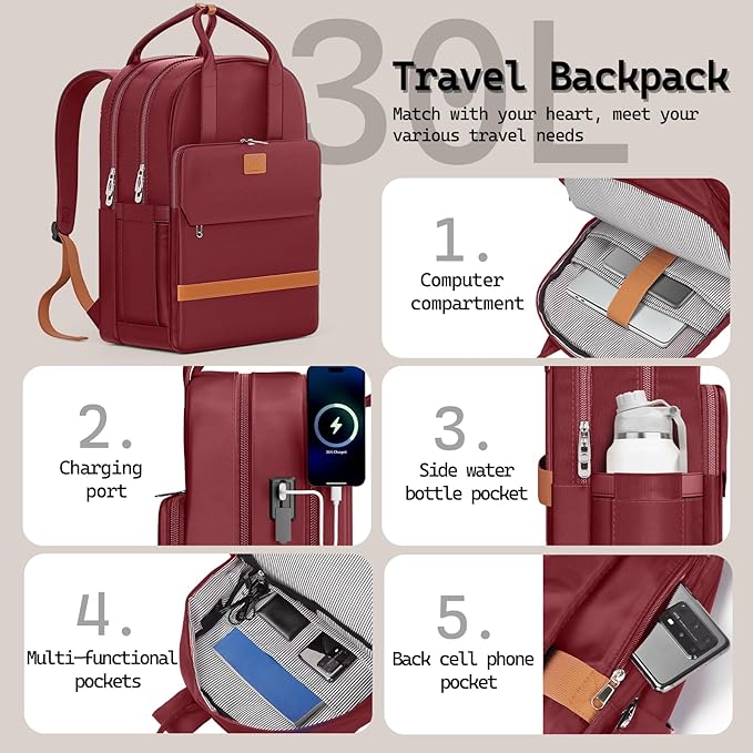 Melalenia Suitcase Sets 6 Piece Hard Shell Carry on Luggage with Spinner Wheels and TSA Lock, Lightweight Travel Backpack for Women, Men, Red Brown