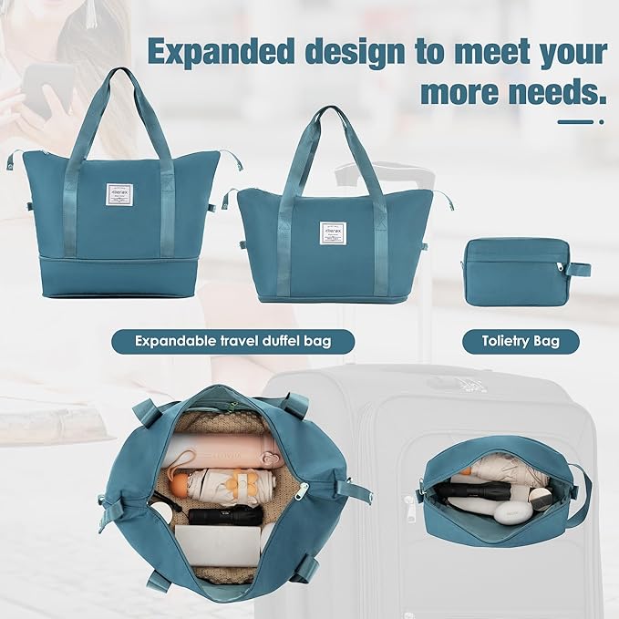 Merax Softside Luggage Set Softshell Lightweight 3 Piece Spinner Suitcase with Duffel Bag Expandable Upright Travel Luggage 22" 26" 30",Blue Green