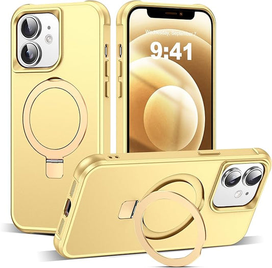 Compatible with iPhone 12 Case & iPhone 12 Pro Case 6.1" with Invisible Magnetic O-Ring Stand [Compatible with Mag-Safe][Great Grip Feeling], Gold