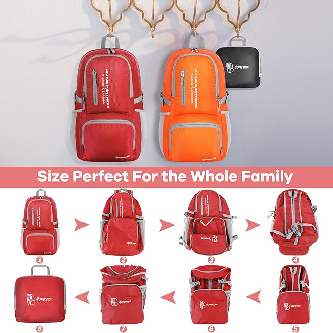 ZOMAKE Lightweight Packable Backpack, 35L Light Foldable Hiking Backpacks Water Resistant Collapsible Daypack for Travel(Red)