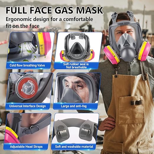 Full Face Respirator Mask with Filters - Reusable Anti-fog Gas Mask with 60923 Activated Carbon Filters, The Respirator Mask for Chemicals, Paint, Welding, Polishing, Sanding, Cutting, Dust, Spraying