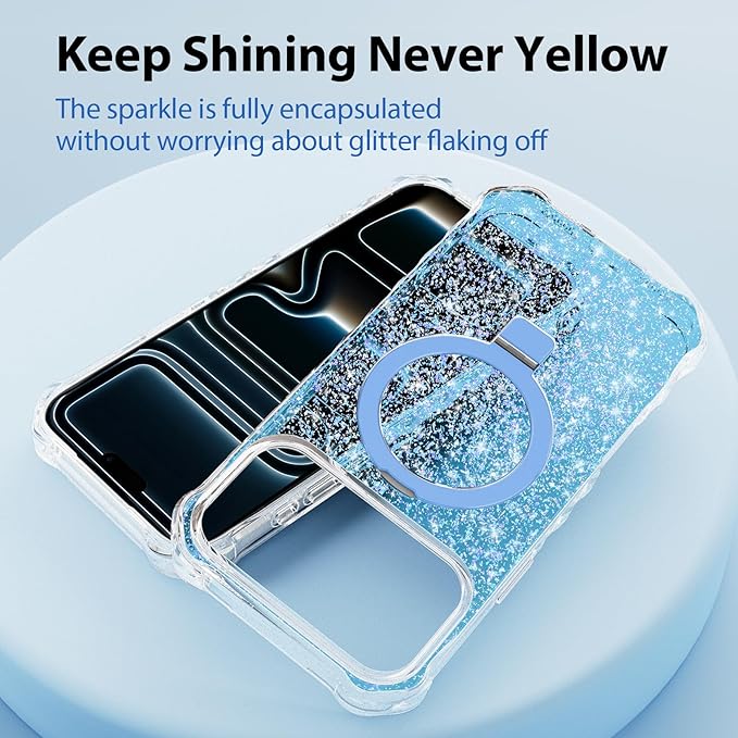 Magnetic for iPhone 17 Pro Case with Invisible Stand, Compatible with MagSafe, Clear Bling Sparkle Shockproof Slim Anti-Slip Military Drop Protection Hard Phone Case 6.3" Glitter Blue