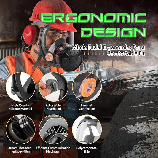 HANUU Gas Masks Survival Nuclear and Chemical, Gas Mask with 40mm Activated Carbon Filter and P-A-1 Filters, Tactical Full Face Respirator Mask for Gases Vapor Chemicals Spray Paint Resin Dust
