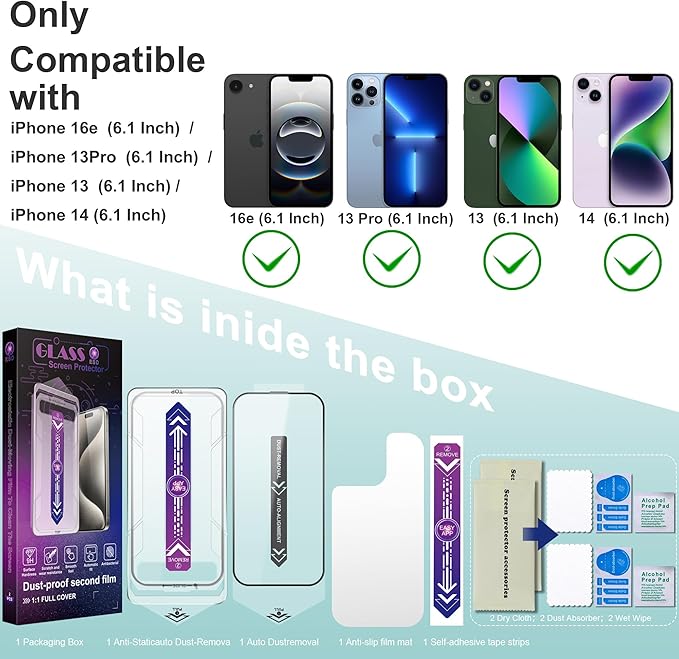 2 Pack Screen Protector Tempered Glass for iPhone 16e and iPhone 14 and iPhone 13 and iPhone 13 Pro 6.1-Inch Auto Dust Removal, No Bubbles, High Definition Clear, Easy Installation