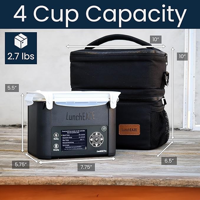 LunchEAZE Pro Cordless Heated Lunchbox – Battery-Powered, 4-Cup Capacity, 220°F Max, Automatic Scheduled Heating, Insulated Bag Included for Hot Meals Anywhere