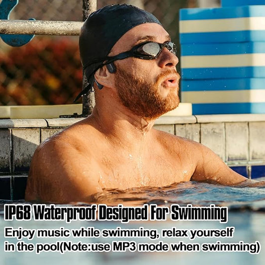 IPX8 Waterproof Bone Conduction Headphones Swimming Underwater Bluetooth Headsets with MP3 Player Open Ear Headsets with Mic Wireless Earphones Built-in 32GB Memory for Running Cycling Gym Workouts