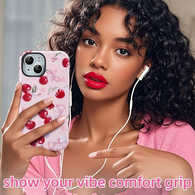 QLTYPRI Case for iPhone 13/14, Aesthetic Cute Pink Cherry Bow Phone Case for Girls Women, Protective Hybrid 2-Layer Hard Shell Silicone Cover Durable Shockproof Phone Cover - Pink
