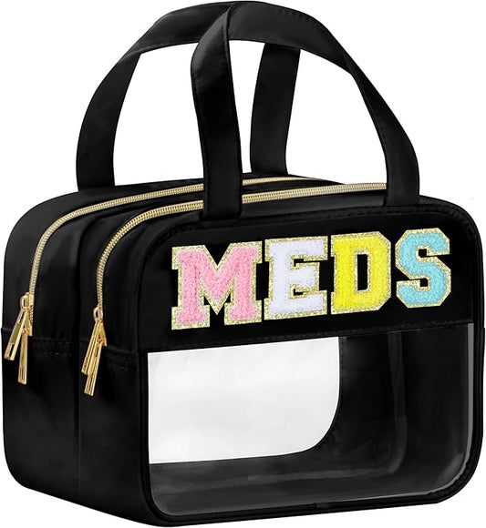 Chenille Letter Clear Medicine Makeup Bag for Travel, Preppy Patch Nylon Cosmetic Meds Pouch with Handles and Zipper, Waterproof Large Travel Toiletry Bag Storage Case for Women Black