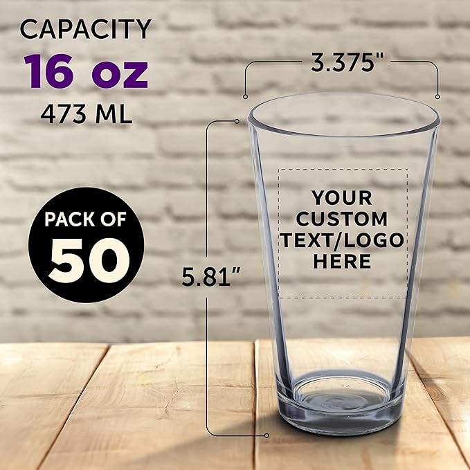 Custom Libbey Pint Glass 16 oz. Set of 50, Personalized Bulk Pack - Beer Glasses, Heavy Duty Drinkware - Clear