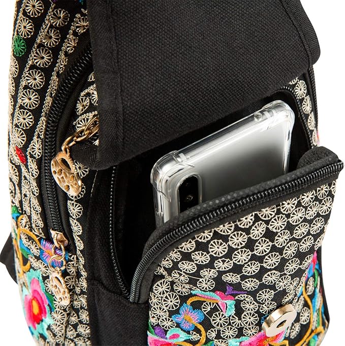 SILKAREA Embroidered Canvas Sling Backpack for Women Travel Chest Bag Crossbody Backpack Purse Shoulder Bag Medium