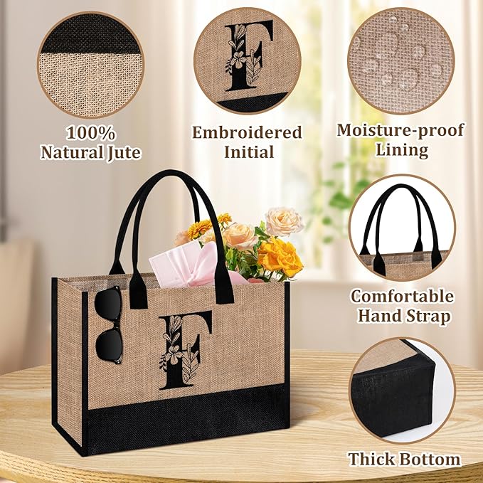 AYGE Personalized Initial Jute Tote Bag & Makeup Bag, Beach Bag, Monogrammed Birthday Gifts for Women Sister Mom Bridesmaid