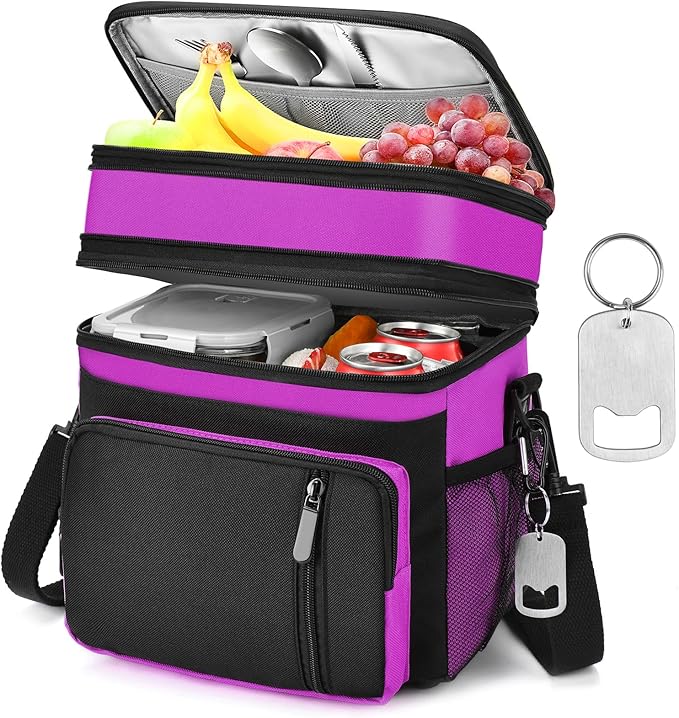 LOKASS Lunch Bag & Lunch Box for Men Women - Double Deck Expandable Insulated Waterproof Leakproof Cooler Bag for Work/Picnic - Purple