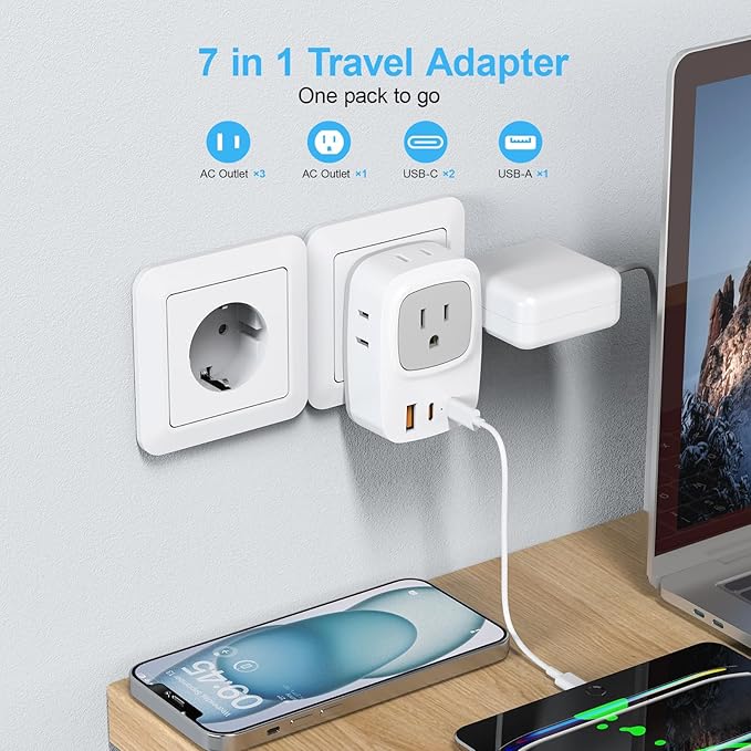European Travel E F Plug Adapter, International Power Adapter with 4 AC Outlets 3 USB Charging Ports, Type C Outlet Adaptor Charger for US to EU Most of Europe EU Iceland Spain Italy France Germany