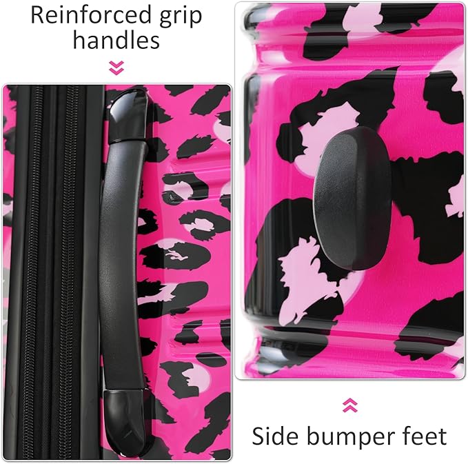 Merax Luggage Sets 3 Piece, Hardside Expandable Suitcase Set with Spinner Wheels, Lightweight Leopard Luggage 20+24+28 IN, Leopard Hot Pink