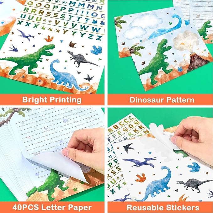 WERNNSAI Kids Stationery Set -72 PCS Dinosaur Boys Stationery Set Teens Dino Letter Writing Kit Dinosaur Letter Paper Set Stationery Writing Sheets with Envelopes School Gift Set