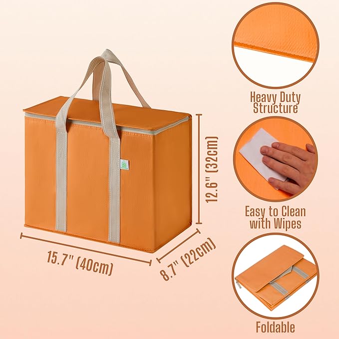 VENO 2 Pack Cooler Bag and Insulated Grocery Bags for Food Delivery, Collapsible Cooler. Reusable Shopping Bags for Groceries with Hard Bottom, Zippered, Foldable, Heavy-Duty (Autumn Orange, 2 Pack)