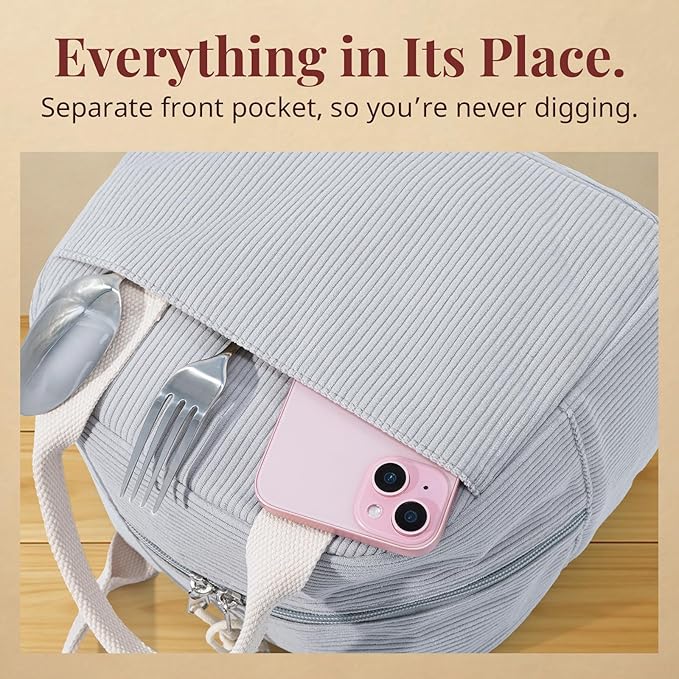 Insulated Lunch Bag for Women Men, Stylish Corduroy Tote Bag with Aluminum Lining, Large Capacity Reusable Cooler for Work, Travel, or Beach, Cloud Gray Lunch Box