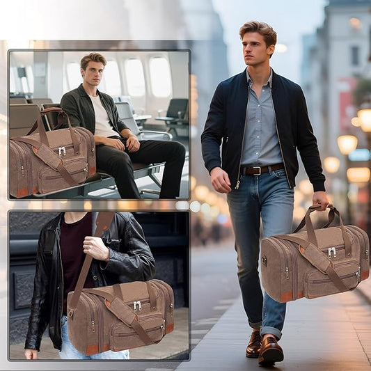 Men'S Duffle Bag For Travel, Expandable Canvas Duffel Bags Overnight Weekend Gym Carry On Luggage Bag For Men(Coffee)