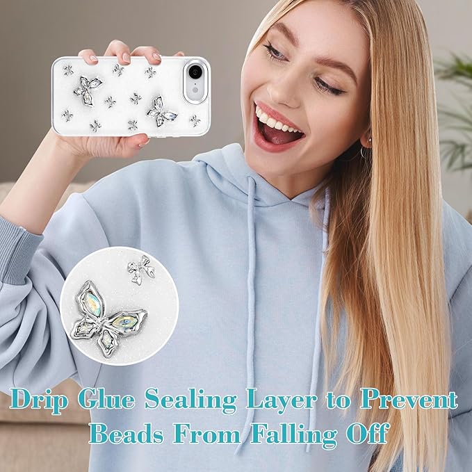 EYZUTAK Case for iPhone 16e, Bling Glitter 3D Butterflies Bowknot Phone Case Cute Crystal Clear Bow Aesthetic Case Slim Soft Durable TPU Transparent Protective Cover for Women Girls - Butterfly