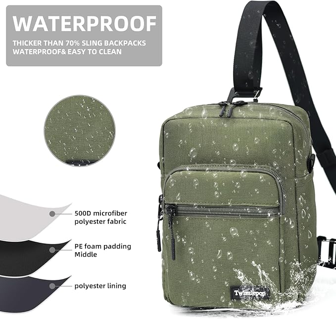 Waterproof Sling Bag For Men, Small Nylon Crossbody Sling Backpack With Multi Pockets, Adjustable Chest Bag For Travel, Hiking, Workout - Green