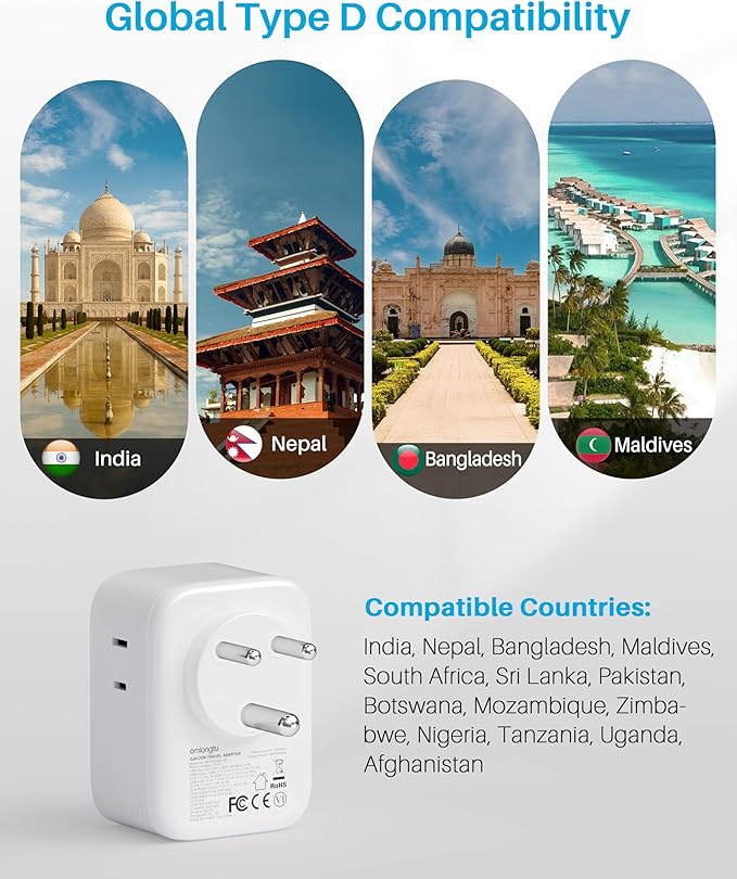 US to India Plug Adapter, ORNLONGTU Type D Travel Adapter with 3 Outlets 3 USB(2 USB-C 20W), India Power Adaptor for USA to India Bangladesh Maldives Pakistan Nepal Kuwait Sudan Sri Lanka Bhutan Yemen