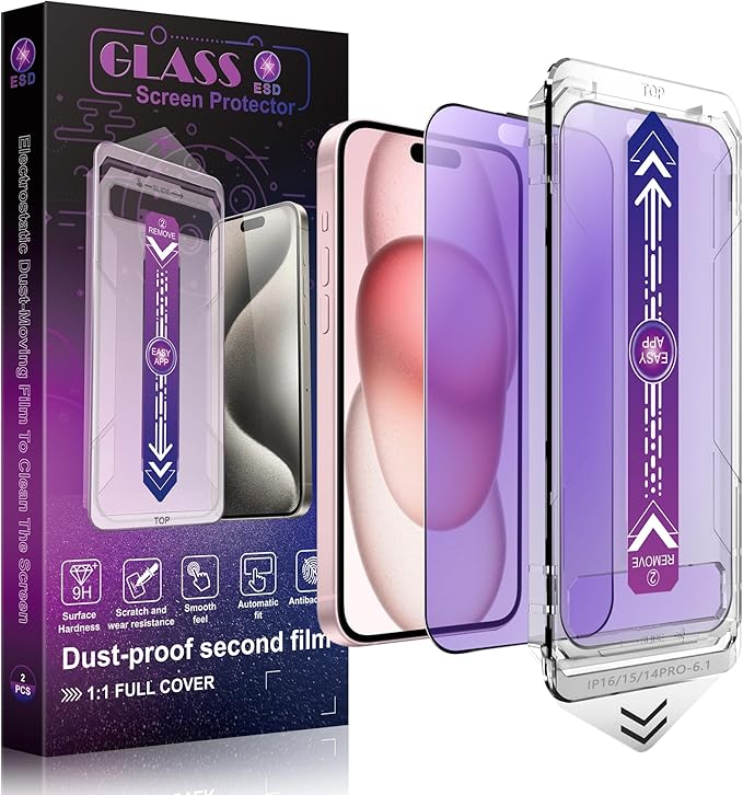 2 Pack Anti Blue Light Matte Screen Protector for iPhone 16 and iPhone 15 and iPhone 14 Pro 6.1-Inch Auto Dust Removal, No Bubbles, Tempered Glass Film, Easy Installation