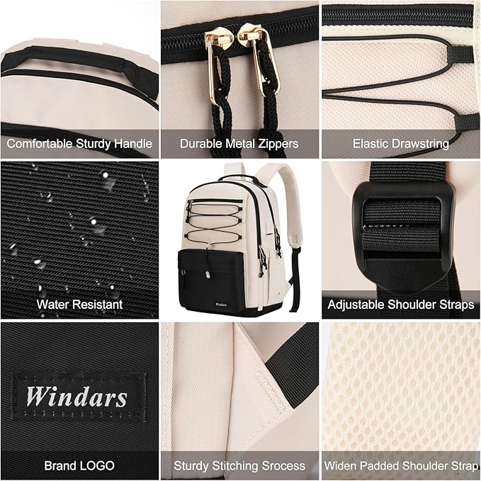 School Backpack for Teens Girls, Aesthetic College Backpack Large Bookbag for Women Students Fashion 15.6 Inch Laptop Bag for Work Travel (Black Beige)