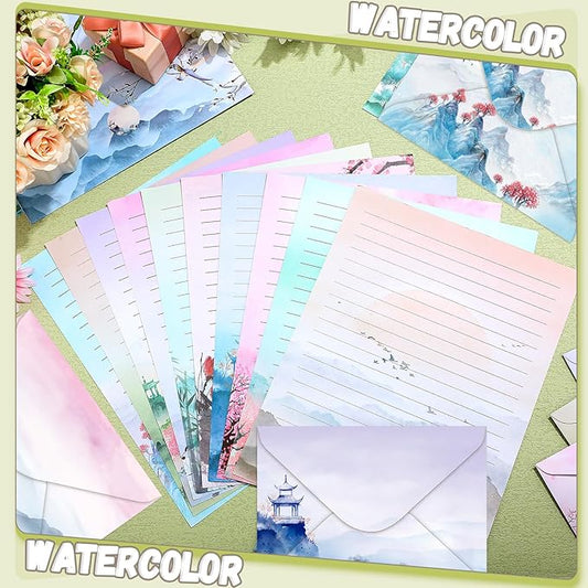 TaoBary 160 Pcs Stationery Paper Set 50 Double Sided Stationery Papers with 50 Matching Envelopes and 60 Round Dot Sticker, 10 Design(Ink Painting,8.5 x 11 Inch)