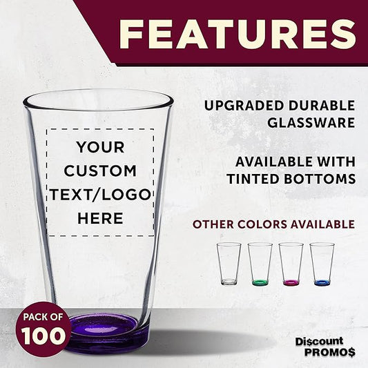 Custom Arc Pint Glass 16 oz. Set of 100, Personalized Bulk Pack - Beer Glasses, Heavy Duty Drinkware - Purple
