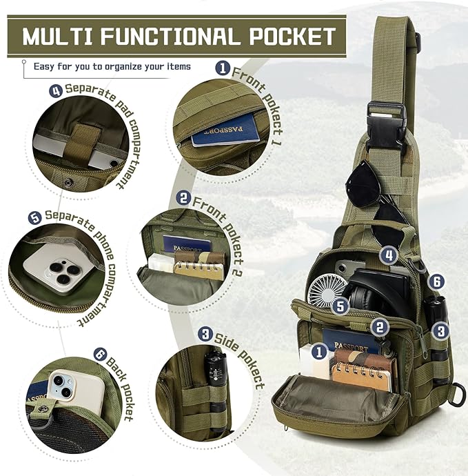 SEAFEW Tactical Backpack for Men, Waterproof Military Sport Bag Pack Crossbody Sling Backpack Tactical Bag for Every Day Carry, Green